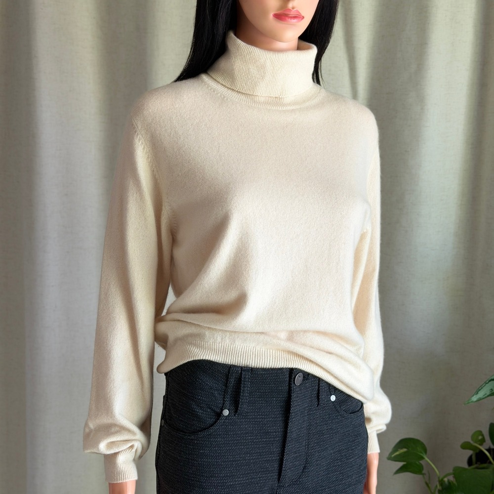 Vtg 90s Lands End Womens Cream 100% 2-Ply Cashmere Turtleneck Sweater S 6-8